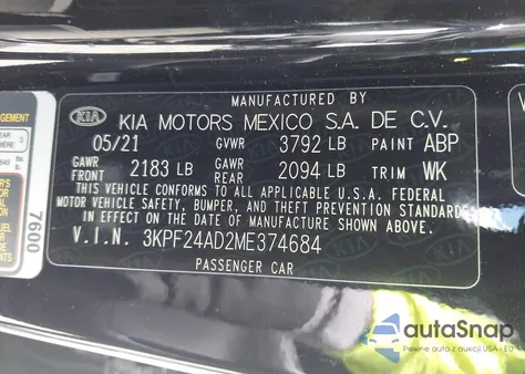 2021 Kia Forte Fe из США, поврежденный, VIN 3KPF24AD2ME374684